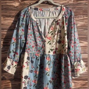 MISSLOOK Floral Women’s Top- Blue and Cream 3XL
